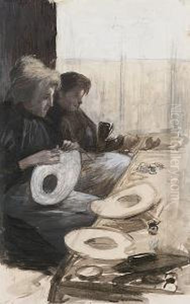 Milliners At Work Oil Painting by Lucien Victor Guirand De Scevola