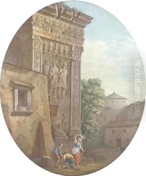 The Arch of the Argentieri, Rome, with figures in the foreground Oil Painting by Charles-Louis Clerisseau