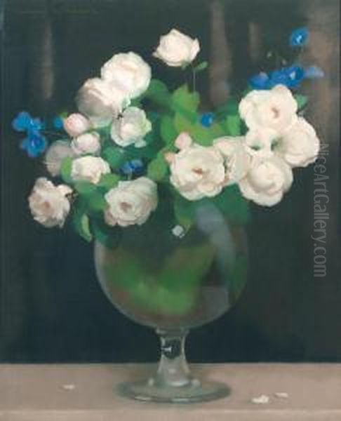 White Roses In A Vase Oil Painting by Lucien Victor Guirand De Scevola