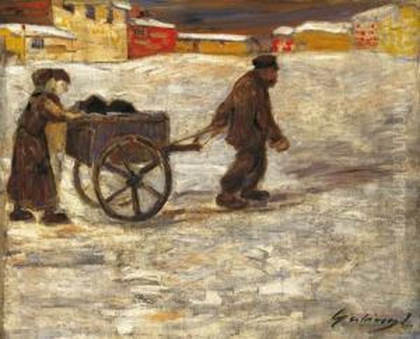 On The Road In One-day Snow, About 1910 Oil Painting by Lajos Gulacsy