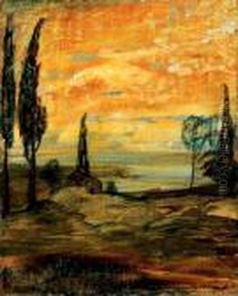 Sunset In Italian Landscape, Late 1900s Oil Painting by Lajos Gulacsy