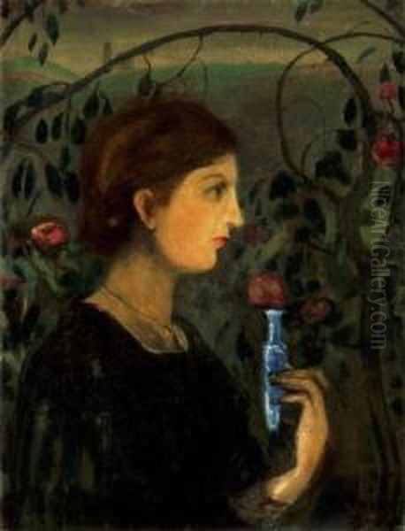 Woman In Rose-arbor Oil Painting by Lajos Gulacsy