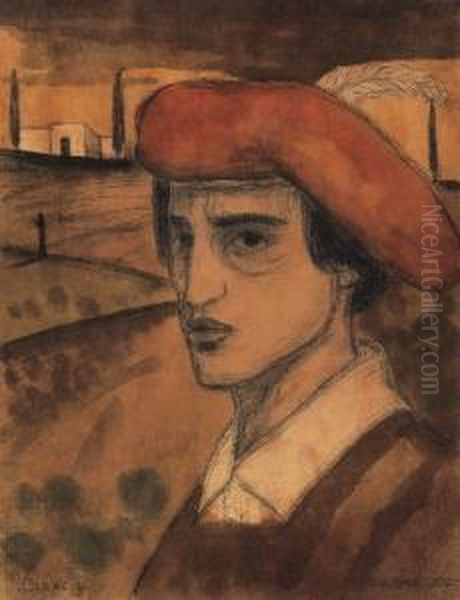 Self-portrait In Italian Land Oil Painting by Lajos Gulacsy