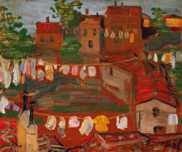 Drying Clothes In Italy Oil Painting by Lajos Gulacsy