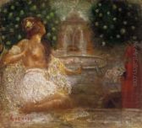 By The Fountain Oil Painting by Lajos Gulacsy