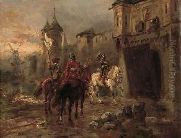 Cavalry officers and a knight outside the castle walls Oil Painting by Ernest Crofts