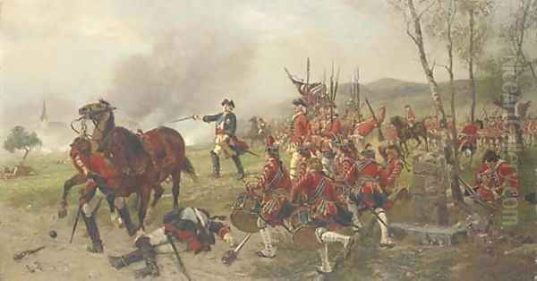 George II at the Battle of Dettingen 'George dismounted, drew his sword and put himself at the head of the troops exclaiming Oil Painting by Ernest Crofts