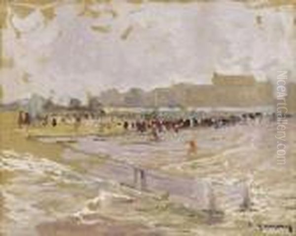 Plage Animee A Newport, Belgique, Circa 1935 Oil Painting by Adolphe Gumery