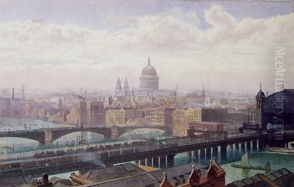 	View of London showing St Paul's and Canon Street Station from Southwark Bridge Oil Painting by John Crowther