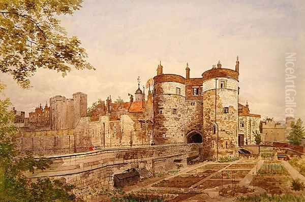 View of the Tower of London, showing Byward Tower, Beauchamp Tower, Devereux Tower and St. Thomas Tower, 1883 Oil Painting by John Crowther