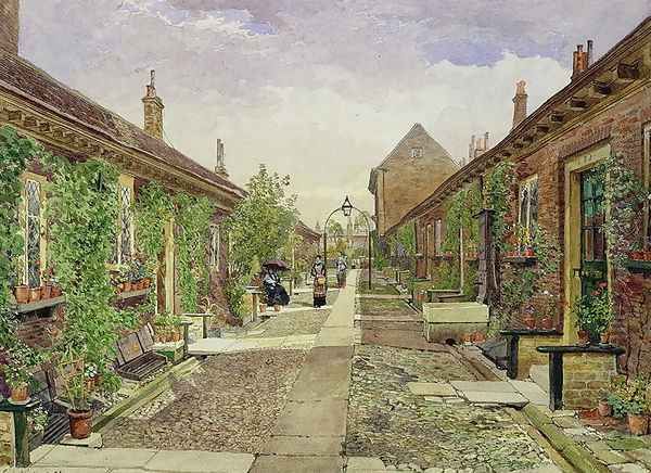 Skinners' Alms Houses, Mile End Road, Stepney, 1883 Oil Painting by John Crowther