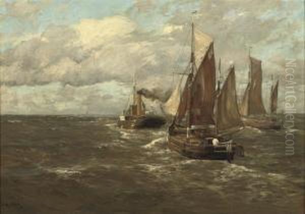 Boats In Open Water Oil Painting by Erwin Carl Wilhelm Gunther