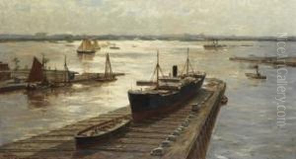 Weitraumige Hafenlandschaft Mit Trockendock Oil Painting by Erwin Carl Wilhelm Gunther