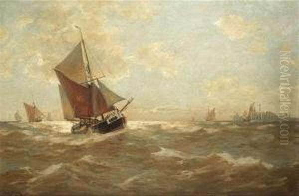 Sailing Shipson Their Way To A Jetty Oil Painting by Erwin Carl Wilhelm Gunther