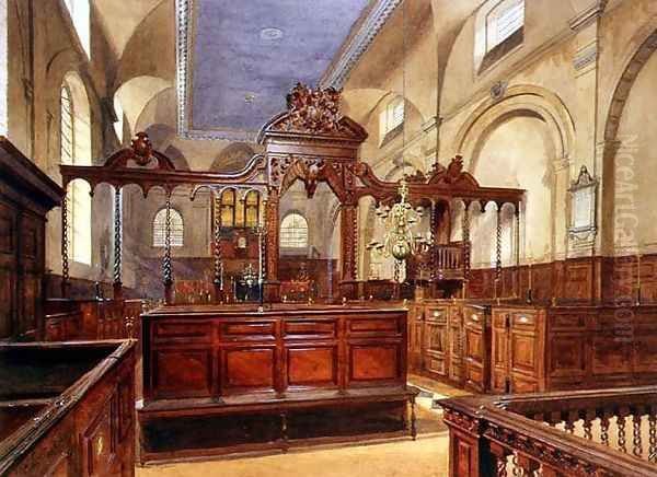 All Hallows The Great, Thames Street, Interior, 1884 Oil Painting by John Crowther