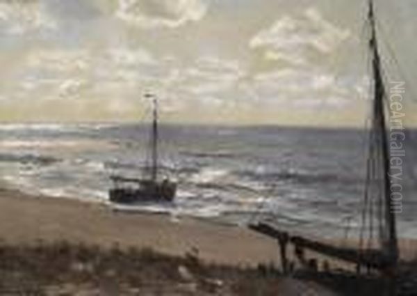 Sailer On The Beach. Signed Lower Left: Erwin Gunter Oil Painting by Erwin Carl Wilhelm Gunther