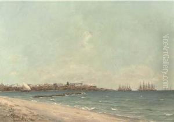 Zanzibar: On The Beach With Stone Town In The Distance Oil Painting by Erwin Carl Wilhelm Gunther