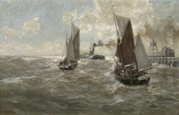 Dampfer Und Segelboote Auf See Oil Painting by Erwin Carl Wilhelm Gunther