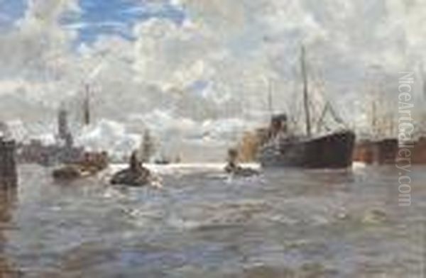 Shipping In Hamburg Harbor Oil Painting by Erwin Carl Wilhelm Gunther