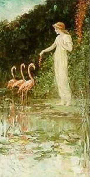 Standing Woman with Three Pink Flamingos Oil Painting by Frederick Stuart Church