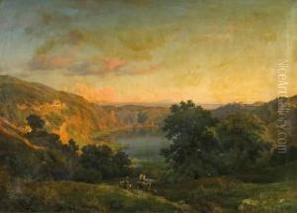 View Of The Nemi-lake In The Alban Hills Oil Painting by Louis Gurlitt