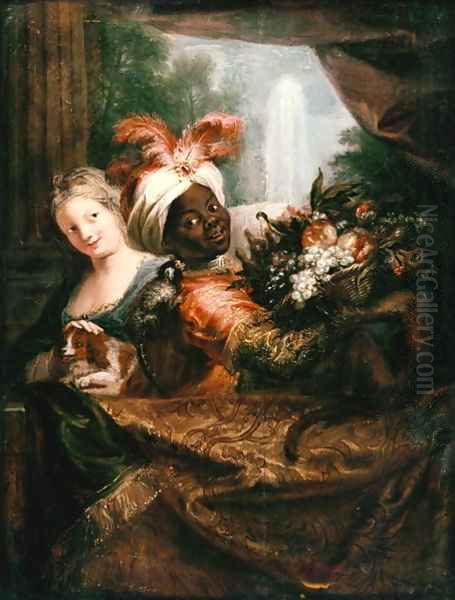 Young Black Man Holding a Basket of Fruit and a Young Girl Stroking a Dog Oil Painting by Charles-Antoine Coypel