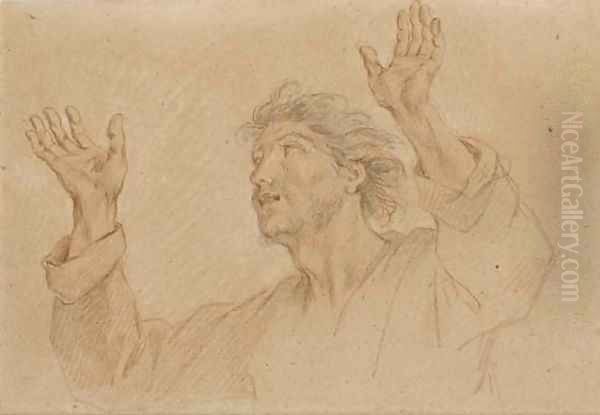 A man, half-length, looking up to the left with arms raised Oil Painting by Charles-Antoine Coypel