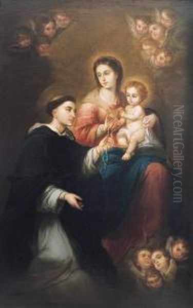 Virgen Del Rosario Con Santo Domingo Oil Painting by Jose Gutierrez de la Vega