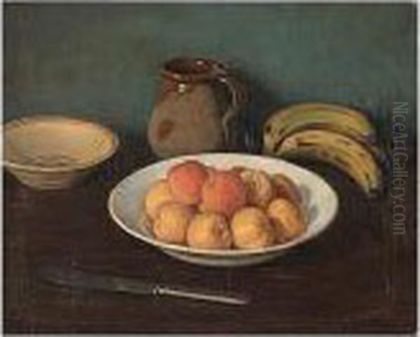 Bodegon De Platanos Y Melocotones (still Life With Bananas And Peaches) Oil Painting by Ernesto Gutierrez Hernandez