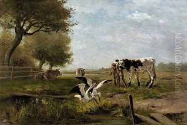 Sommerliche Landschaft Mit Rindern Und Storchen. Oil Painting by Jean-Baptiste-Louis Guy