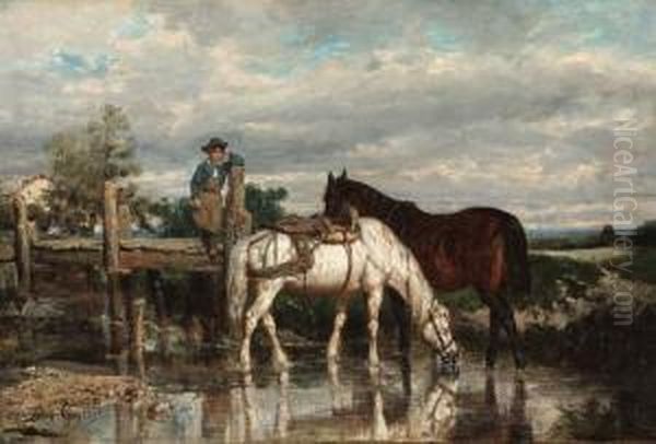 Horses Watering At A Stream Oil Painting by Jean-Baptiste-Louis Guy