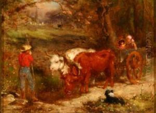 Farmer With Children In An Oxen-drawn Cart Oil Painting by Seymour Joseph Guy