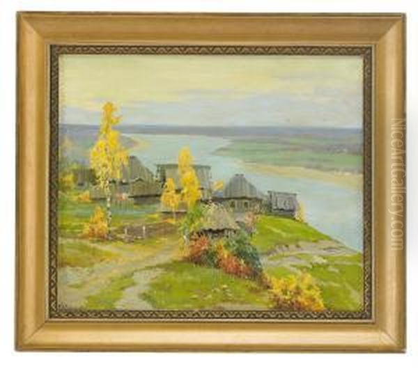 Village On The Heights Above The River Oil Painting by Mikhail Markelovich Guzhavin