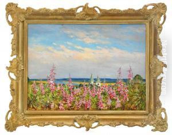 View Of The Church And River Viatka Through A Field Of Ivan Chai Oil Painting by Mikhail Markelovich Guzhavin