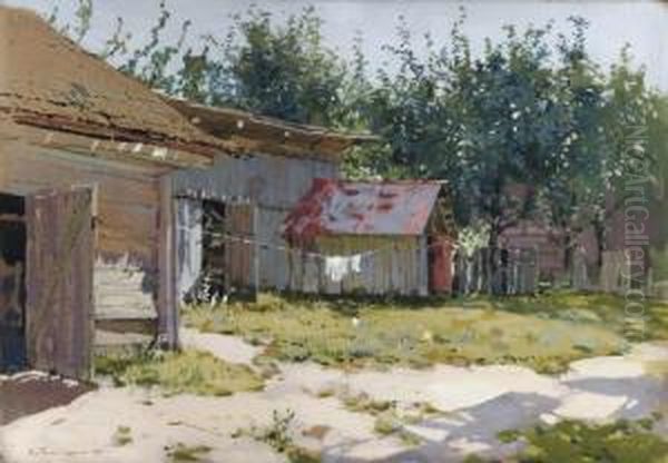 A Backyard In Summer Oil Painting by Mikhail Markelovich Guzhavin