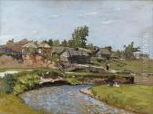 Russian Village By A River Oil Painting by Mikhail Markelovich Guzhavin