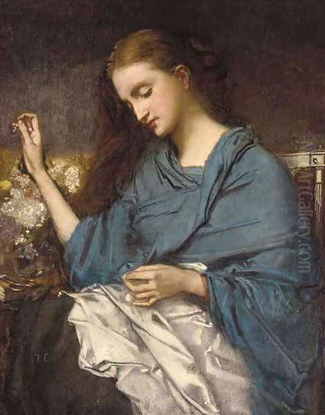 Jeune Femme Cousant (Young Woman Sewing) Oil Painting by Thomas Couture