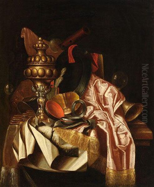 A Vanitas Still Life With 
Amongst Others A Gilt Pineapple Shaped Goblet, Musical Instruments And A
 Watch Oil Painting by Franciscus Gysbrechts