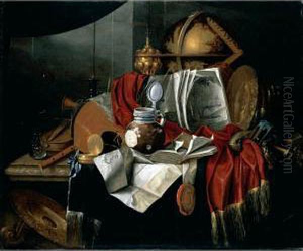 A Still Life With Musical 
Instruments, A Globe, A Glass And A Book, Together With Other Objects On
 A Marble Table Oil Painting by Franciscus Gysbrechts