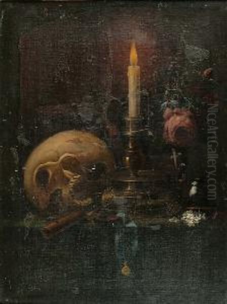 Still Life Of A Candle, Glass, Skull, A Medal On A Ribbon And Flowers On A Table Top Oil Painting by Franciscus Gysbrechts