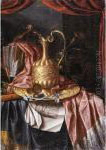 A Still Life Of A Gilt Ewer, A 
Gilt Plate, Prints And Writing Materials All Resting On A Draped Table Oil Painting by Franciscus Gysbrechts