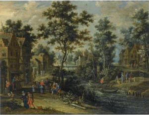 A Village Street In A Wooded 
Landscape With Villagers Drinking Outside An Inn, Other Figures On A 
Path Along The Riverside, An Elegant Company Halting Near A Ferry Boat Oil Painting by Pieter Gysels