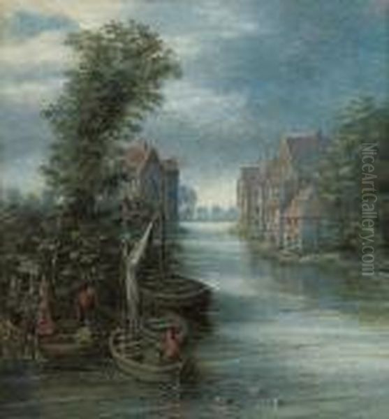 A River Landscape With Figures Boarding A Row Boat Oil Painting by Pieter Gysels