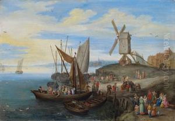 Hafenszene Mit Windmuhle Und Kaufleuten Oil Painting by Pieter Gysels