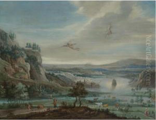 An Extensive River Landscape With The Fall Of Icarus Oil Painting by Pieter Gysels