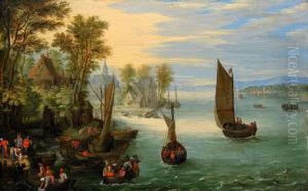 Kustlandskap Med Fartyg Och Fiskare Oil Painting by Pieter Gysels