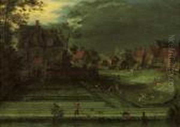 A Town With Figures Working In Bleaching Fields In The Foreground Oil Painting by Pieter Gysels