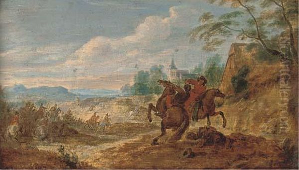 A Wooded Landscape With A Cavalry Skirmish Oil Painting by Pieter Gysels