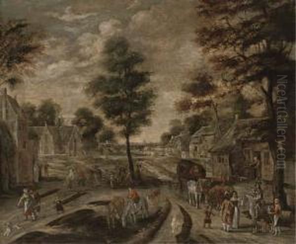 A Village Street With Peasants And Travellers Oil Painting by Pieter Gysels