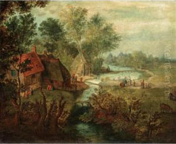 A Rural Landscape With Cottages By A Stream Oil Painting by Pieter Gysels